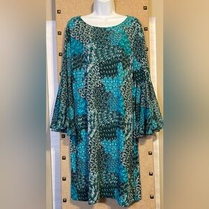 Midnight Velvet Teal and Black Maxi Dress with Ruffled Slitted Sleeves, Size L